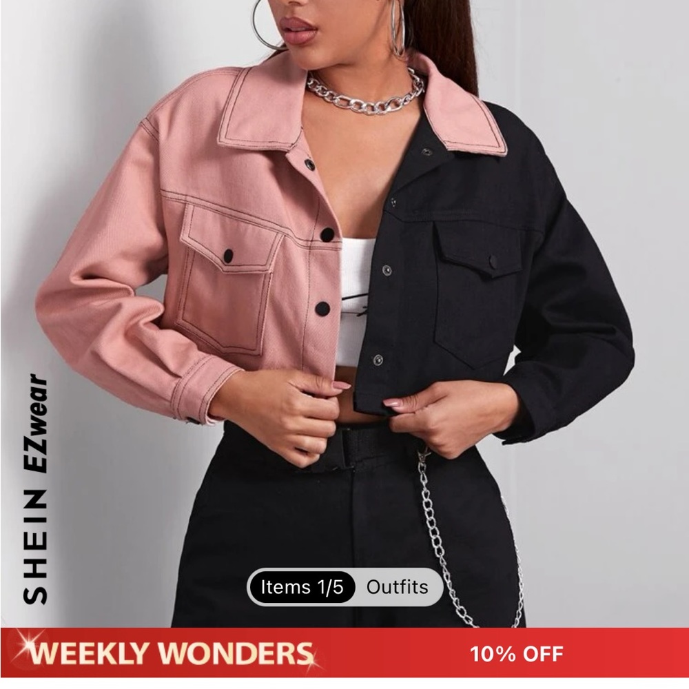 SHEIN crop button up jean jacket black & pink